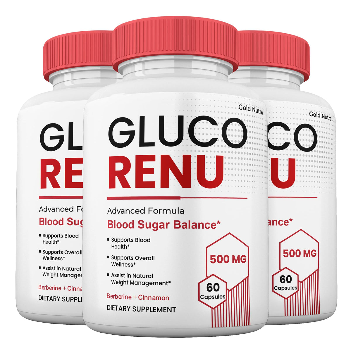 Gold Nutra GlucoRenu Capsules, GlucoRenu Pills, Maximum Strength All Natural Vitamin Supplement Formula, 60 Capsules per Bottle (3 Pack)