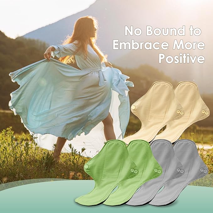 wegreeco 6 Pcs Reusable Menstrual Pads, Ultra Absorbent Cloth Pads for Period, Sanitary for Teens, Women, Nonslip Panty Liners + 1 Pc Wet Bag (Mustard Yellow, Grey, Beige, M)