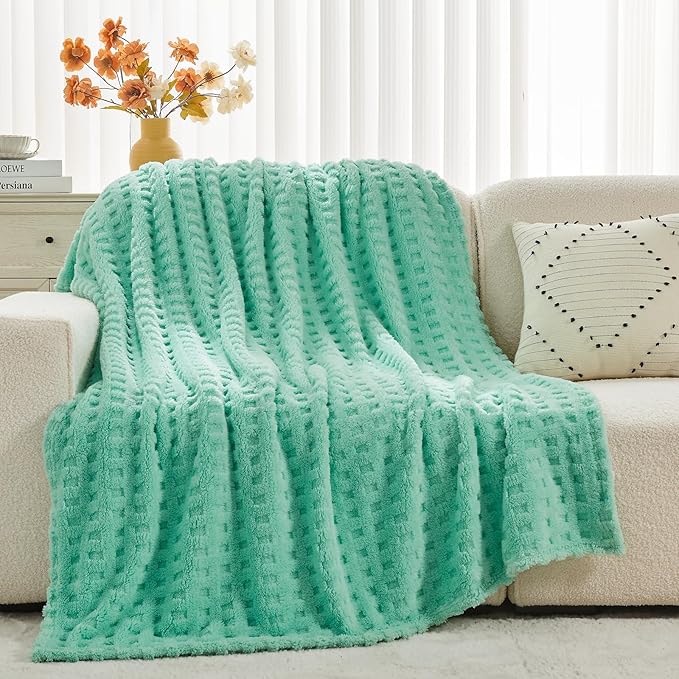 NEWCOSPLAY Super Soft Queen Blanket Aqua Premium Silky Flannel Fleece 3D Waffle Checkered Lightweight Bed Blanket All Season Use (Aqua, Queen(90"x90"))