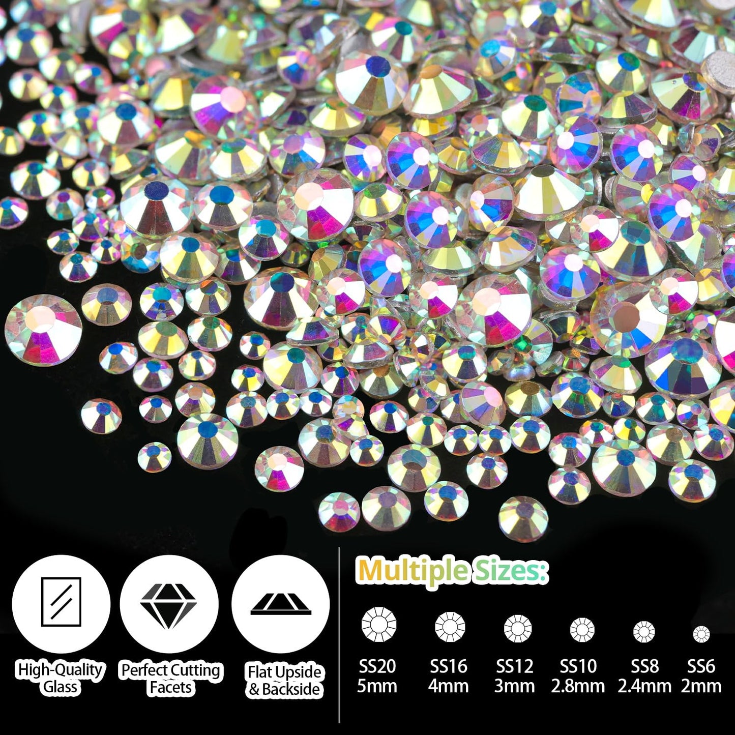 Rhinestones for Nails, Manicure Kit with Nail Rhinestone Glue Gel, Multi Size Flat Back Glass Crystal AB + Mixed Color Iridescent Gemstones & Gem Glue (UV/LED Needed) with Dotting Tools