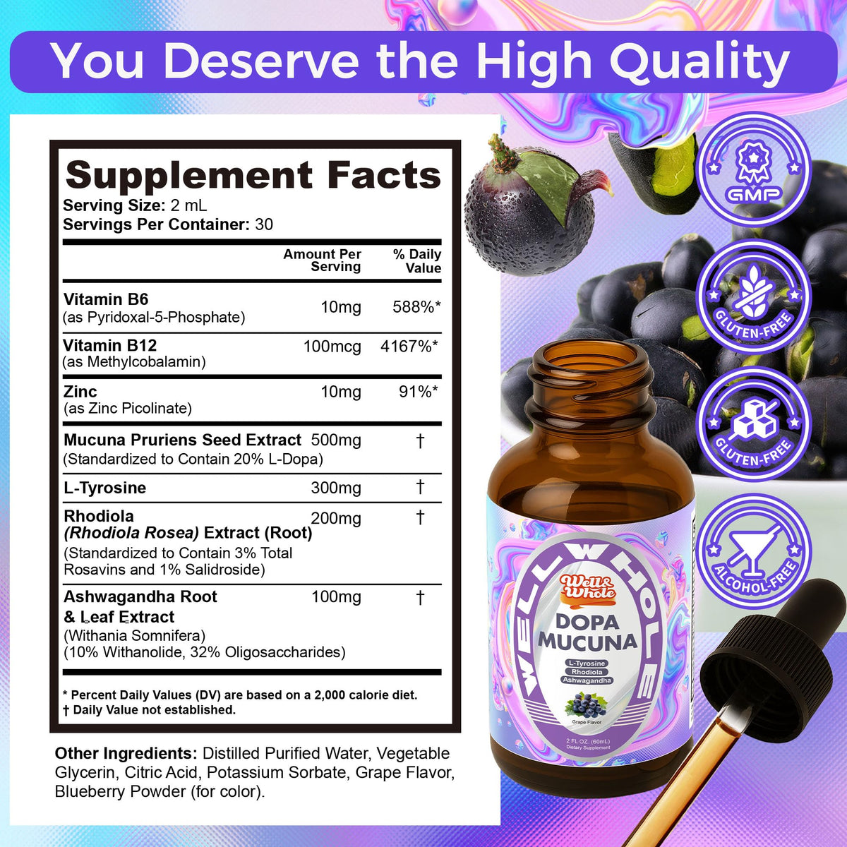 Well&Whole Gentle Dopamine Supplements, Mucuna Pruriens with L-Tyrosine, Daily Energy & Focus, Ashwagandha Extract, Rhodiola Rosea, Alcohol-Free, Sugar-Free, 60 mL