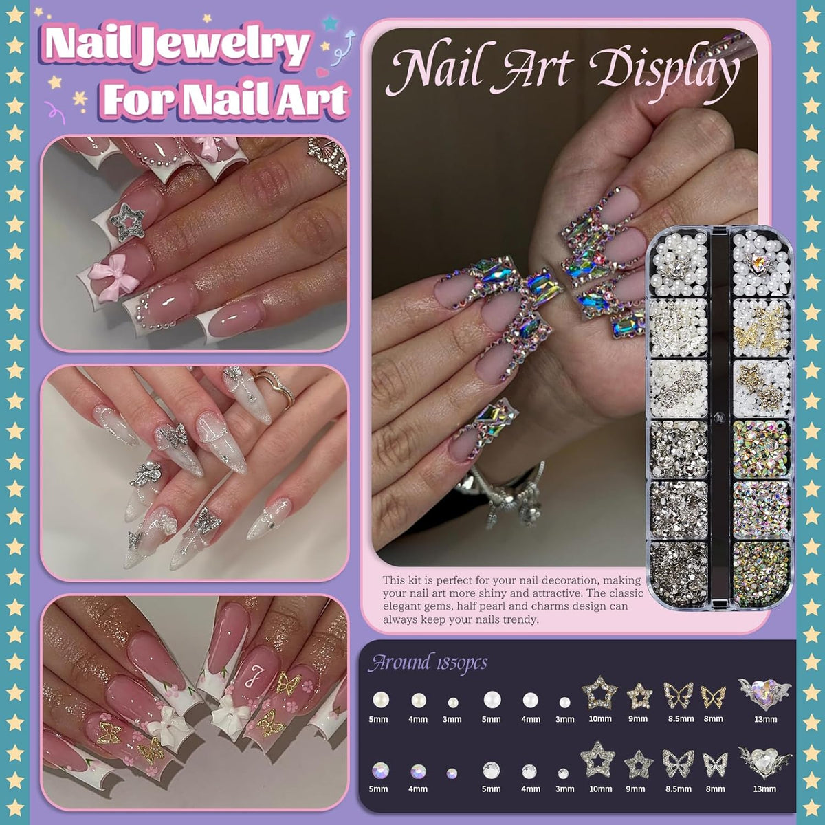 Rhinestones, AB Crystal Nail Gems Pink Opal Nail Rhinestones with Aurora Bubble Beads Pearls Star Heart Bows Nail Charms and Rhinestone Picker Tools for Kwaii Y2K Nail Art Decor - 3 Boxes