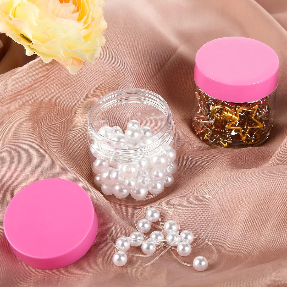 SATINIOR 100 Pcs Plastic Jars with Lids Small Containers Lids Wide Mouth Small Plastic Containers for Lotion Cream Rhinestones Body Butters Travel Storage(2 oz,Pink)