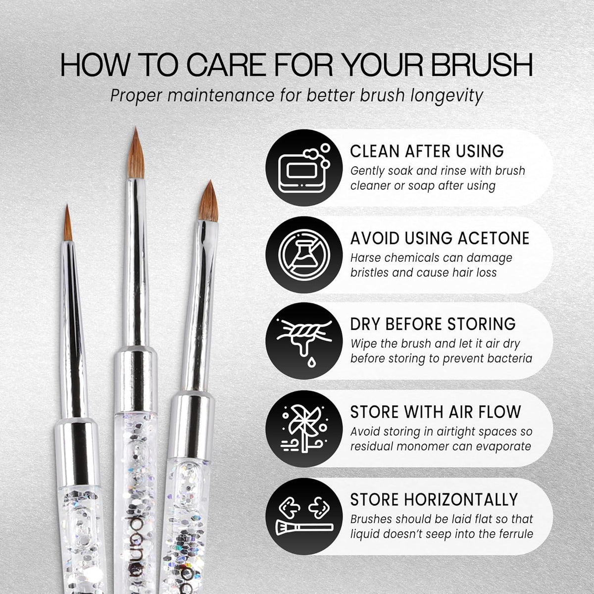 PANA 3D Kolinsky Nail Art Brush - Silver Glitter Handle, Size 2 - Acrylic Nail Art Sculpture Brush for Manicures Pedicure Salon Professional or Beginner