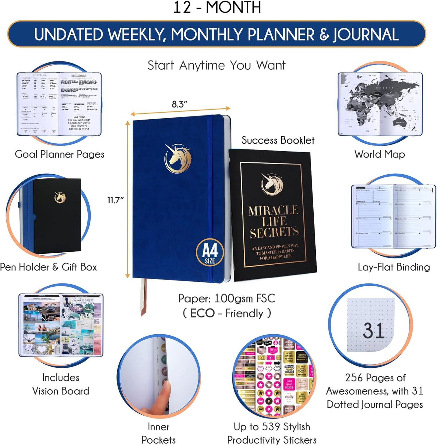 Life Planner Undated for Men – Daily, Weekly & Monthly Planner With Budget Section | Guided Daily Gratitude Journal, Goals Journal, Habit Tracker, Budget Planner - Horizontal Format