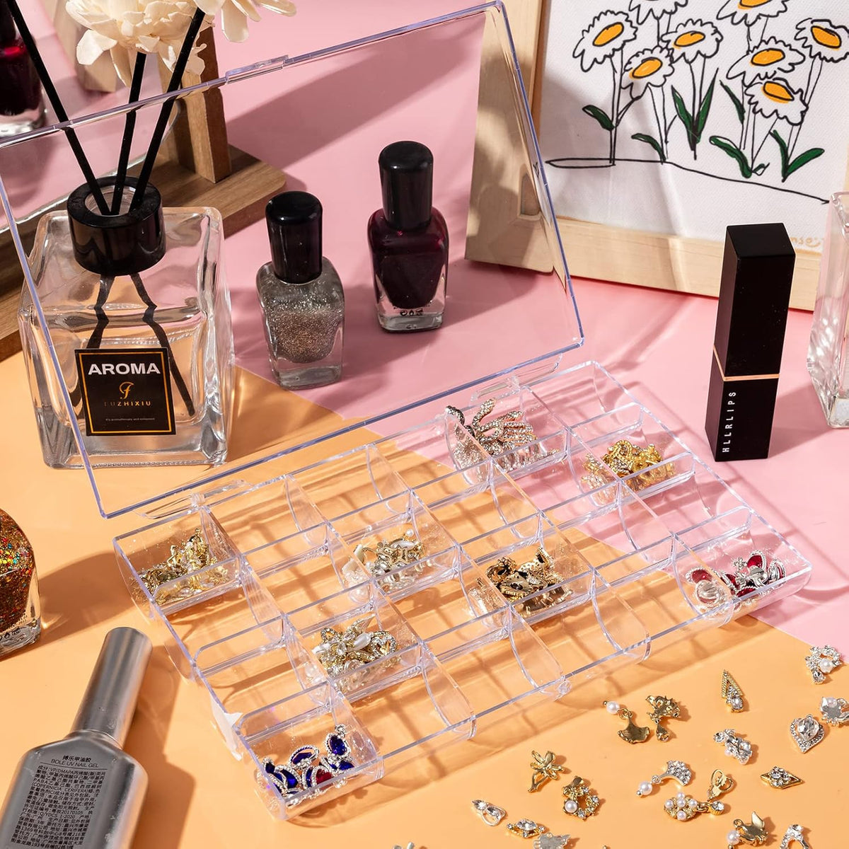 Noverlife 24 Grids Clear Plastic Organizer Box, Storage Container Jewelry Box, Empty Earring Storage Organizer Display Case, Transparent Plastic Nail Art Decorations Container for Bead Rings Earrings