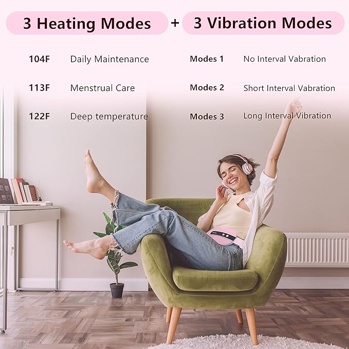 Portable Cordless Heating Pad, Heating Pad for Back Pain with 3 Heat Levels & 3 Vibration Massage Modes, Portable Electric Fast Heating Belly Wrap Belt for Women and Girl(Pink)