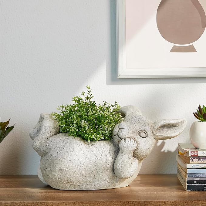 Glitzhome 14.25" L MGO Rabbit Statue Tall Planter, Bunny Shape Planter Cartoon Flower Pots with Drainage Hole, Rabbit Shaped Flower Container Succulent Planters for Spring Outdoor Garden Decor