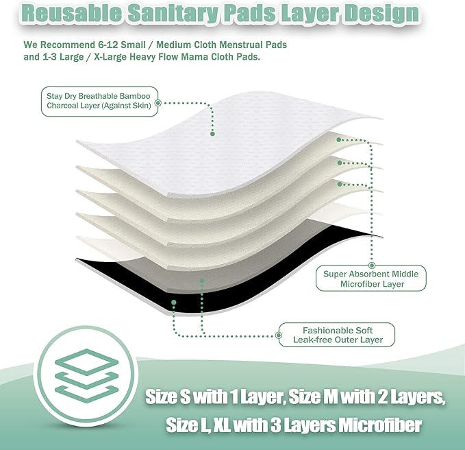 wegreeco Reusable Menstrual Pads - Reusable Sanitary Pads | Reusable Panty Liners | Soft Cloth Menstrual Pads - 6 Pack with 1 Cloth Mini Wet Bag (X-Large, Black)