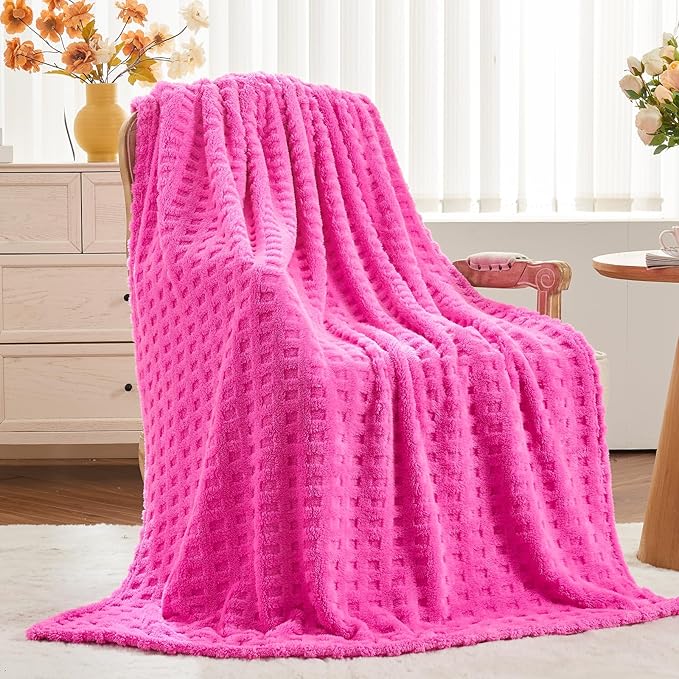 NEWCOSPLAY Super Soft King Blanket Pink Premium Silky Flannel Fleece 3D Waffle Checkered Lightweight Bed Blanket All Season Use (Hot Pink, King(90"x110"))