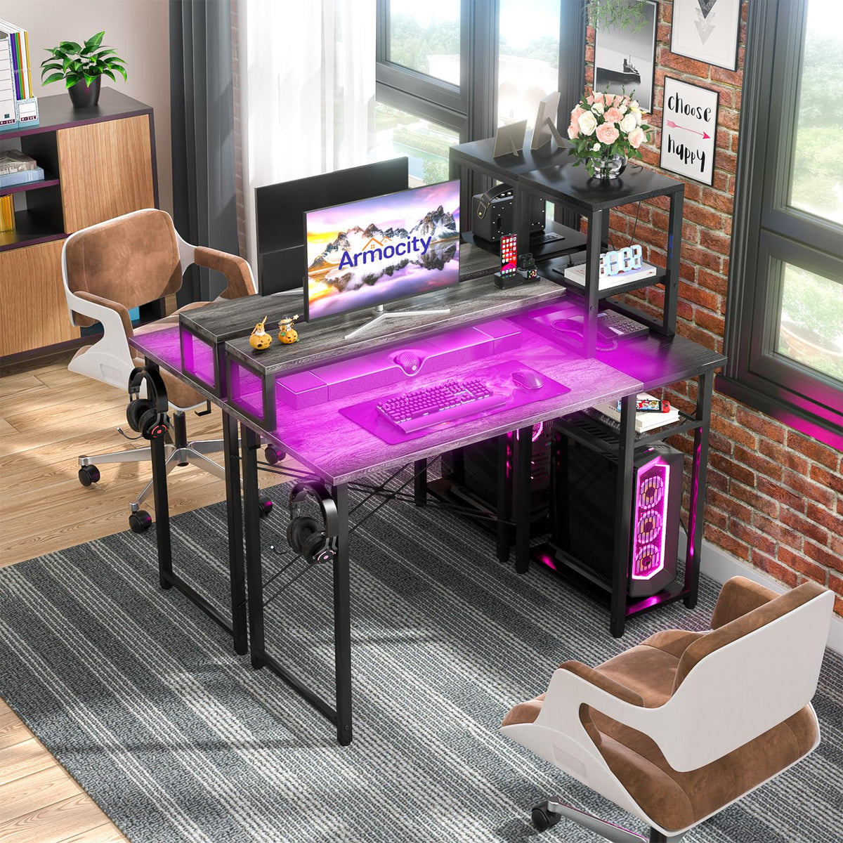 armocity 2024 Upgrade Gaming Desk with LED Lights, Computer Desk with Long Monitor Stand, 40'' Reversible Laptop Table with Storage Shelves, Small Desk for Small Spaces, Gaming Room, Grey