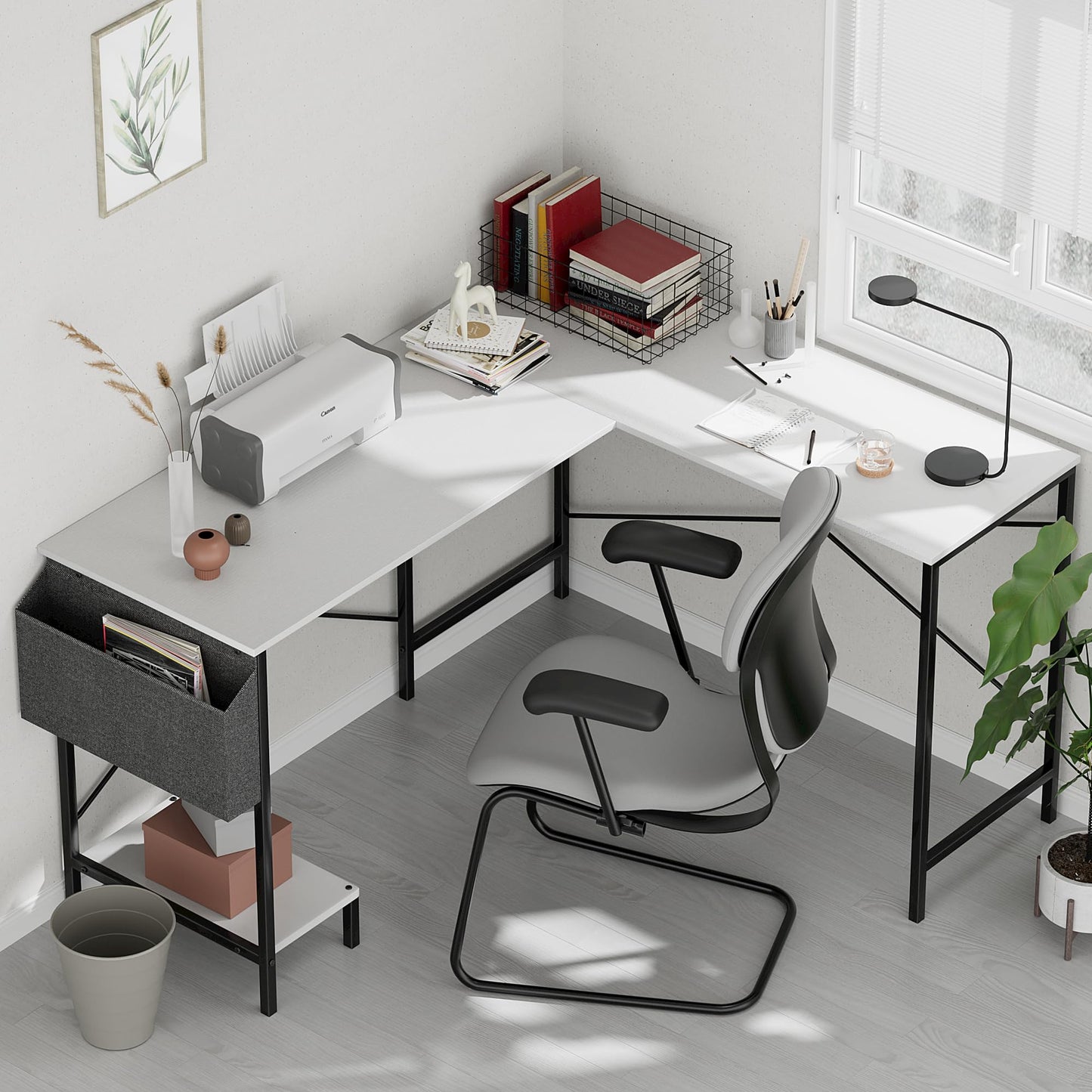 L Shaped Desk Gaming Computer 50 Inch Reversible Corner Table PC Work Table for Writing Study Student with Wood Tabletop Metal Frame CPU Stand Side Bag for Home Office Small Place