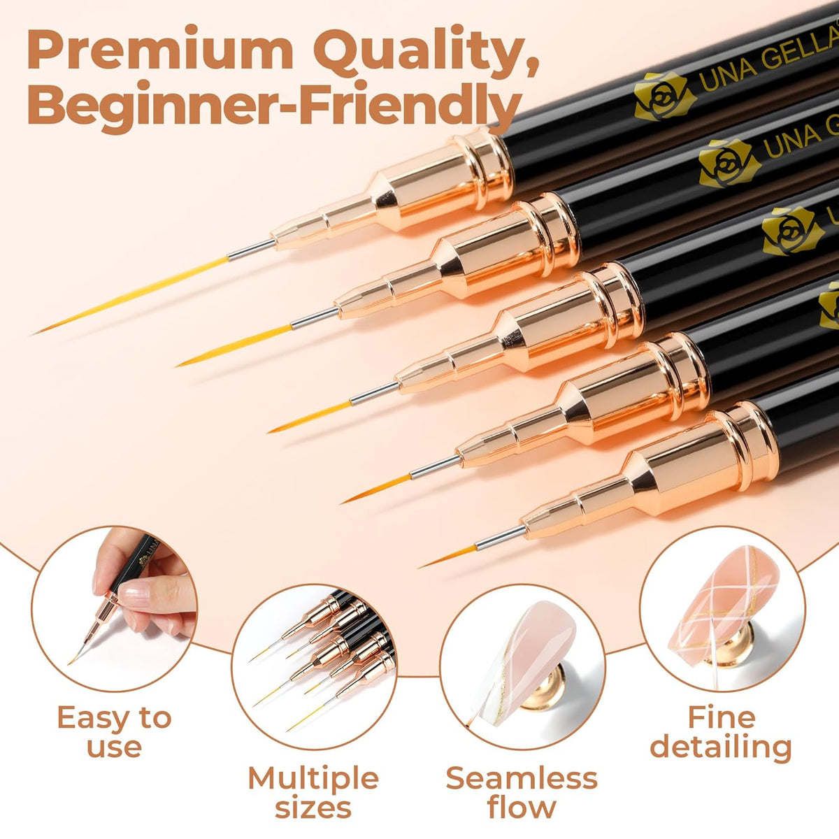 UNA GELLA Metallic Nail Art Brushes, Liner Pens Set 5Pcs Black Color For Nail Art Gel Polish - Thin Detail Nail Art Design Painting Brush Set For Nails Gel Fine Drawing Nail Tools Sizes 7/9/11/15/25mm