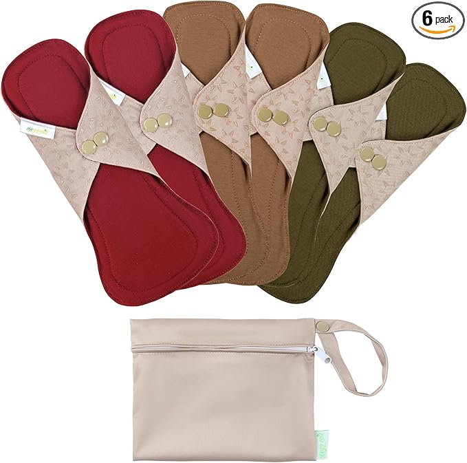 wegreeco 6 Pcs Reusable Menstrual Pads, Ultra Absorbent Cloth Pads for Heavy Flow, Sanitary for Teens, Women, Nonslip, Inner Aqua, Burgundy, Coffee, Rose Gold Outer, S