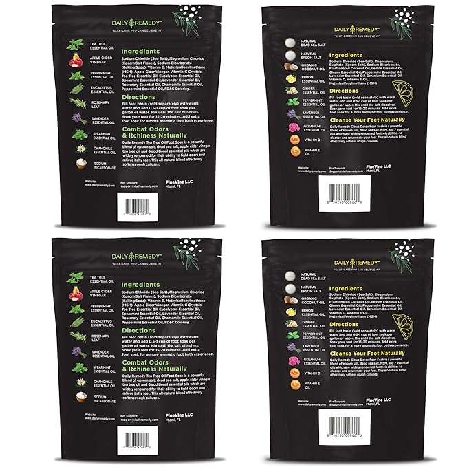 DAILY REMEDY 4-Pack Foot Soak Set - 2 Extra Strength Tea Tree Oil & 2 Citrus Detox - Made In USA - Soothes Sore Tired Feet, Athletes Foot, Stubborn Foot Odor, Softens Calluses & Refreshes & Detoxifies