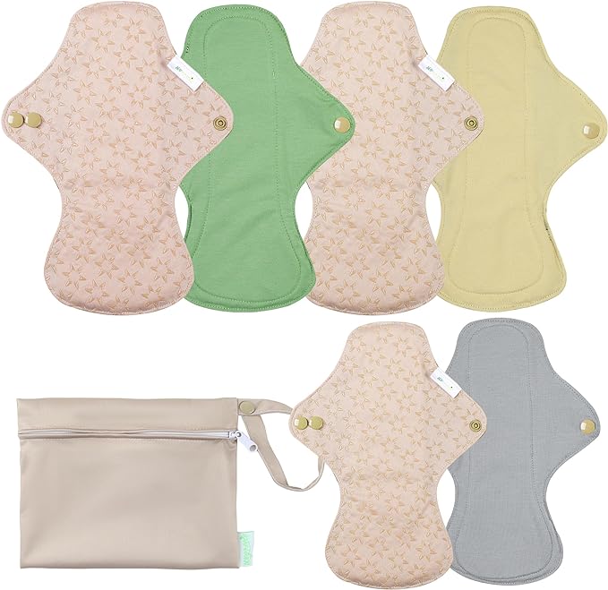 wegreeco 6 Pcs Reusable Menstrual Pads, Ultra Absorbent Cloth Pads for Heavy Flow, Sanitary for Teens, Women, Nonslip, Inner Mustard Yellow, Grey, Beige, Rose Gold Outer, L