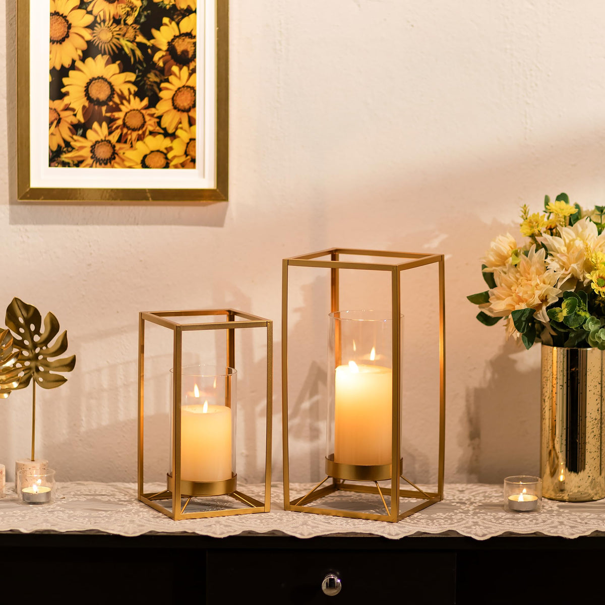 Staymoment Gold Metal Lantern Decorative Set of 2 with Hurricane Glass: Indoor Modern Farmhouse Candle Holder for Table Centerpiece Fireplace Mantles Shelf, 12" & 9"