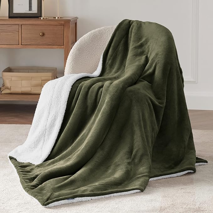 Bedsure Sherpa Fleece Throw Blanket Twin Size for Couch - Thick and Warm, Soft Fuzzy Plush Twin Blanket for Winter, Olive Green, 60x80 Inches