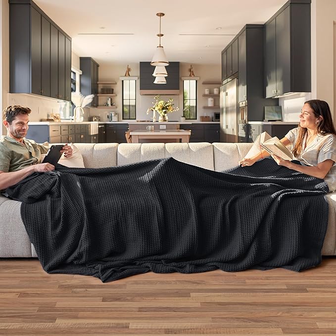 Bedsure 100% Cotton Blanket King Size for Bed - Breathable and Soft, Waffle Weave Blanket for Summer Spring, Black, 104x90 inches