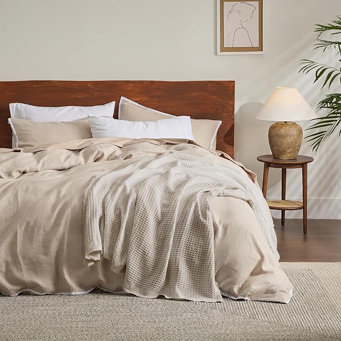 Bedsure 100% Cotton Blanket Twin XL Size for Bed - Breathable and Soft, Waffle Weave Blanket for Summer Spring, Light Beige, 66x90 inches