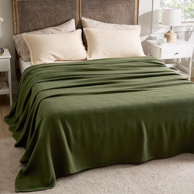Bedsure 100% Cotton Blanket King Size for Bed - Breathable and Lightweight, Soft Cozy Textured Herringbone Woven Blanket for Summer Spring, Olive Green, 108x90 inches