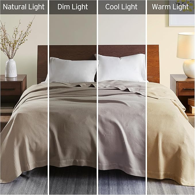 Madison Park Soft Certified 100% Egyptian Cotton Breathable Cozy Blanket, Premium Waffle Knit Classic Design, Luxury All Season Lightweight Cover for Bed, Couch and Sofa, Khaki Full/Queen(90"x90")