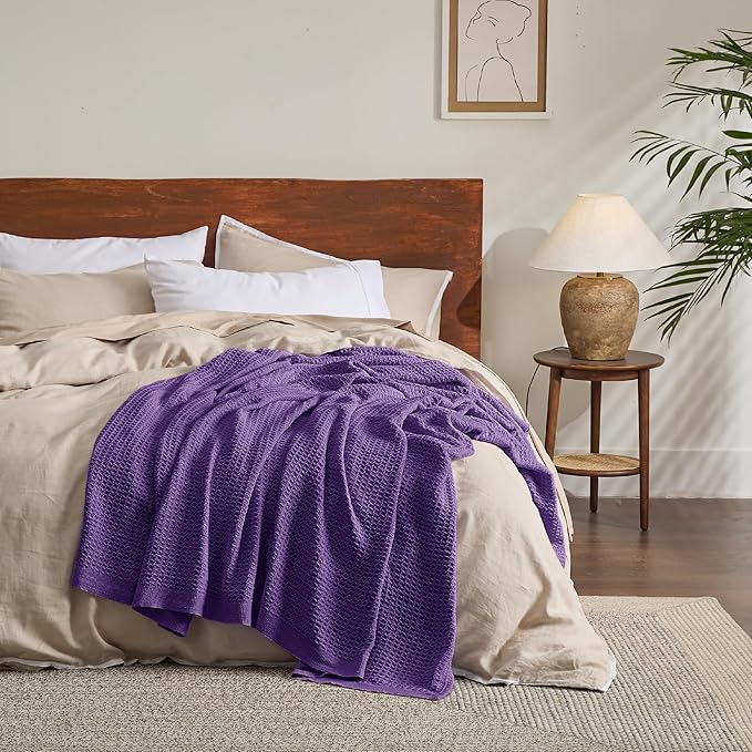 Bedsure 100% Cotton Large Throw Blanket for Couch 50x70 inches - Breathable and Soft, Waffle Weave Throw Blanket for Office, Purple