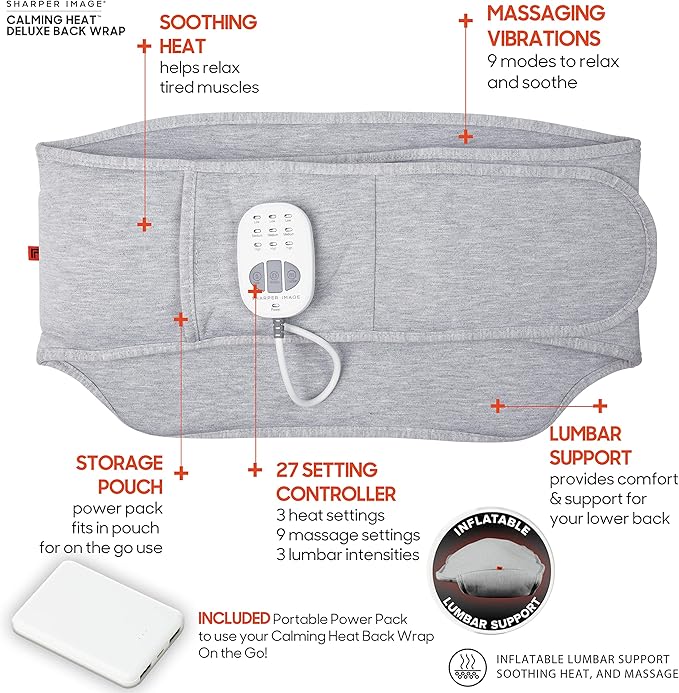 Calming Heat Back Wrap by Sharper Image- Cordless Electric Back Heating Pad, Inflatable Lumbar, Soothing Heat & Vibration- 27 Settings 3 Heat, 9 Vibration, 3 Lumbar Includes Portable Power Pack