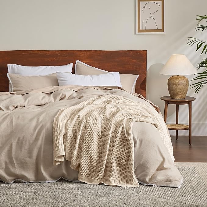 Bedsure 100% Cotton Blanket Queen Size for Bed - Breathable and Soft, Waffle Weave Blanket for Summer Spring, Beige, 90x90 Inches