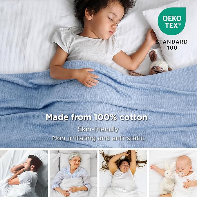 Bedsure 100% Cotton Blanket King Size for Bed - Breathable and Lightweight, Soft Cozy Textured Herringbone Woven Blanket for Summer Spring, Ashley Blue, 108x90 inches
