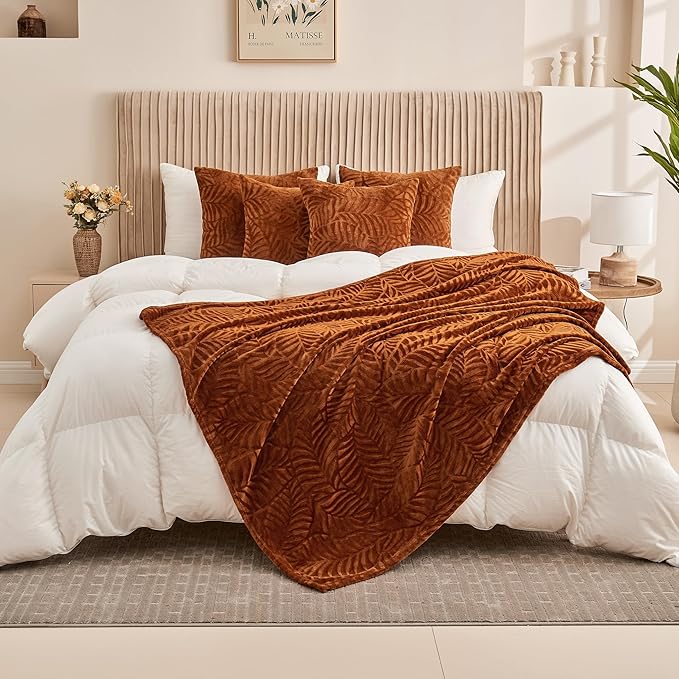 SOCHOW Super Soft Flannel Fleece Bed Blanket, Lightweight Cozy Warm Leaves Textured Plush Blanket as Bedspread Coverlet Bed Cover for All Seasons, 90 x 90 Inches, Caramel
