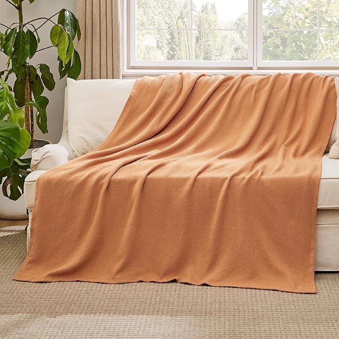 Bedsure 100% Cotton Large Throw Blanket for Couch 50x70 inches - Breathable and Lightweight, Soft Cozy Herringbone Woven Blanket for Summer Spring, Burnt Orange