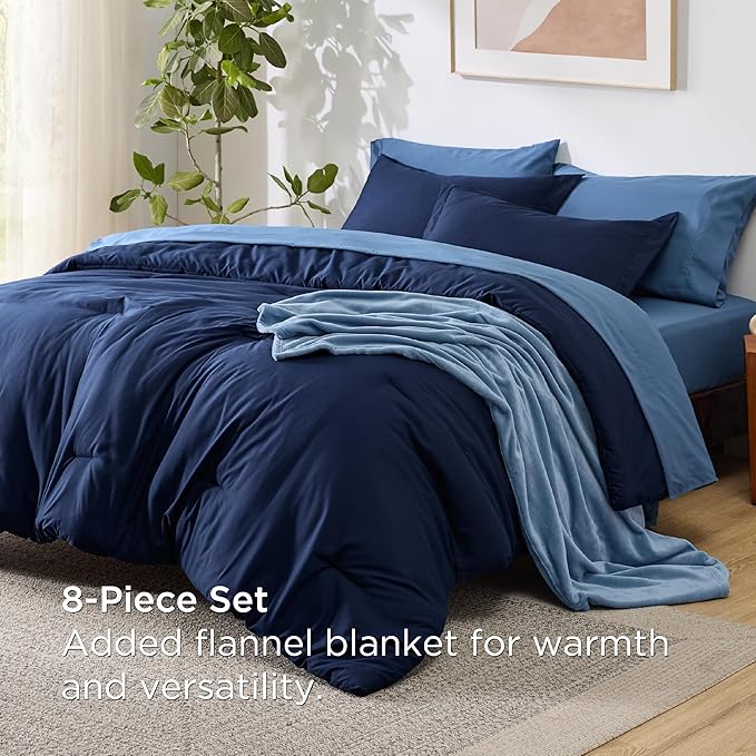 Bedsure Full Comforter Set Navy Blue, 8 Pieces Prewashed Full Size Bed in a Bag with Soft Fleece Bed Blanket, Down Alternative Bedding Set for All Seasons, Sheets, Pillowcases & Shams