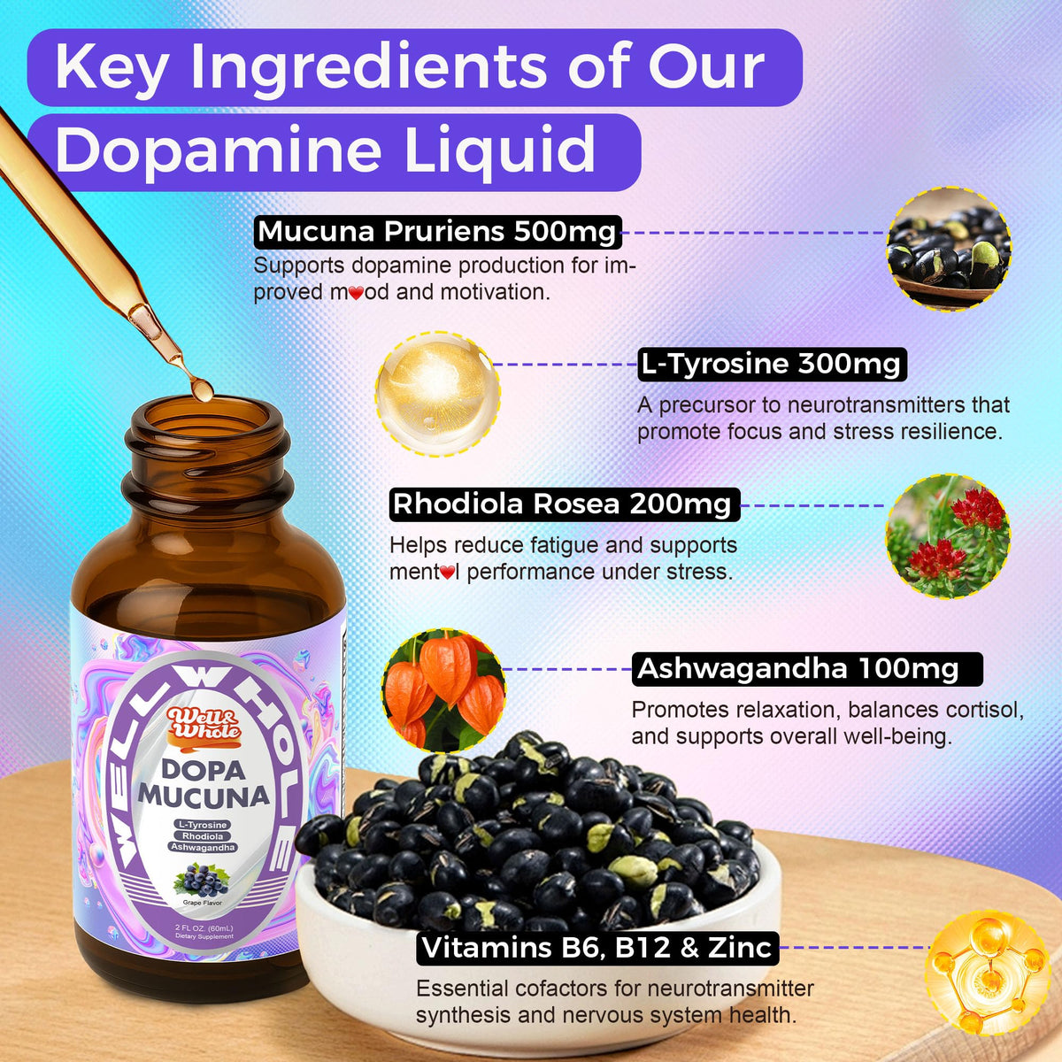 Well&Whole Gentle Dopamine Supplements, Mucuna Pruriens with L-Tyrosine, Daily Energy & Focus, Ashwagandha Extract, Rhodiola Rosea, Alcohol-Free, Sugar-Free, 60 mL