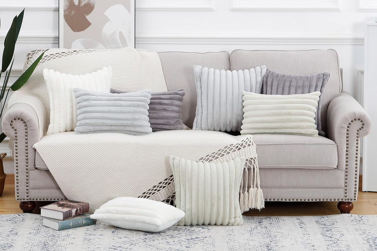MADIZZ Set of 2 Faux Wool Plush Decorative Throw Pillow Covers 16x16 Inch Greyish White Fluffy Striped Soft Decorative Cushion Cover for Sofa Bedroom Pillow Shell