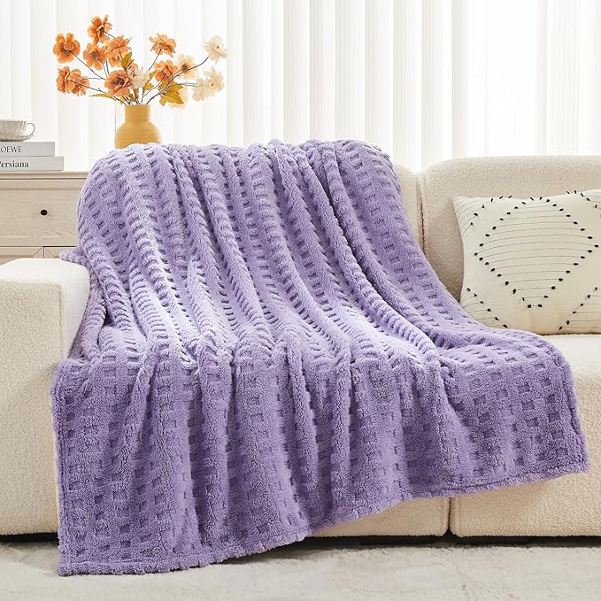 NEWCOSPLAY Super Soft Twin Blanket Lavender Premium Silky Flannel Fleece 3D Waffle Checkered Lightweight Bed Blanket All Season Use (Lavender, Twin(60"x80"))