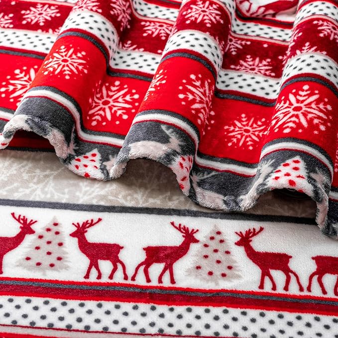 PAVILIA Christmas Throw Blanket | Holiday Christmas Reindeer Snowflakes Fleece Blanket | Soft, Plush, Warm Winter Cabin Throw, 50x60 (Christmas Red)