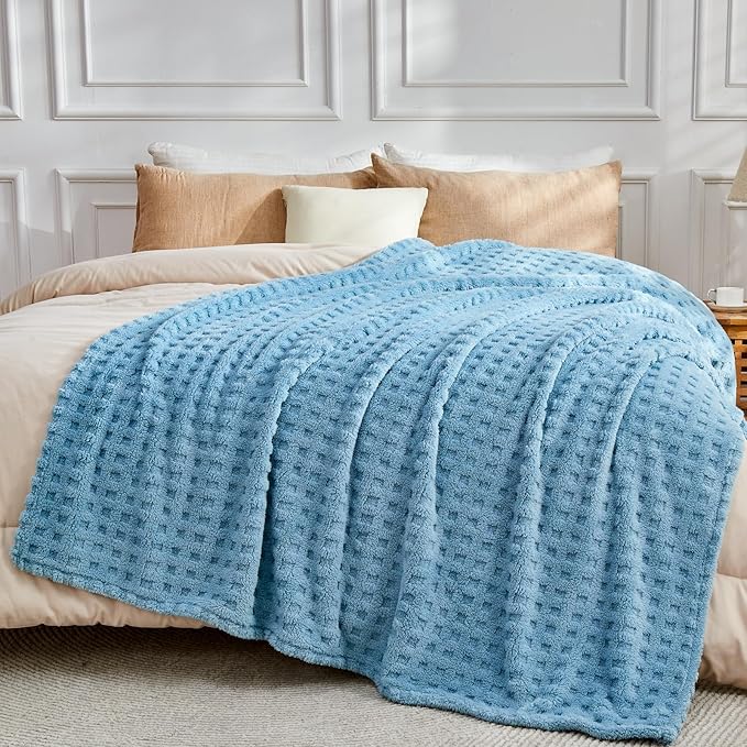 NEWCOSPLAY Super Soft Throw Blanket Blue Premium Silky Flannel Fleece 3D Waffle Checkered Lightweight Bed Blanket All Season Use (Blue, Throw(50"x70"))