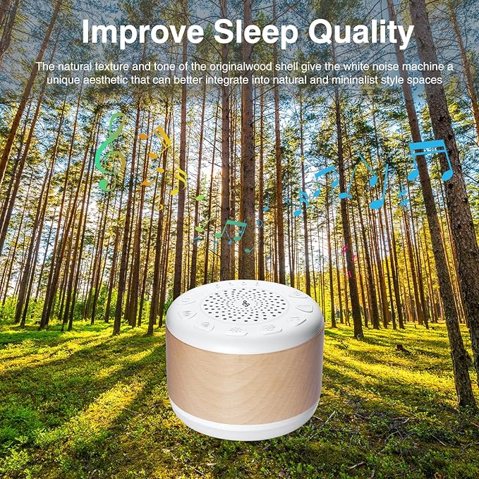 Solid Wood White Noise Sound Machine for Baby Adults Kids Sleep Sound Machine with 24 Soothing Sounds 8 Colors Night Light Timer Setting Function Portable Noise Machine for Gift (White, 3.93)