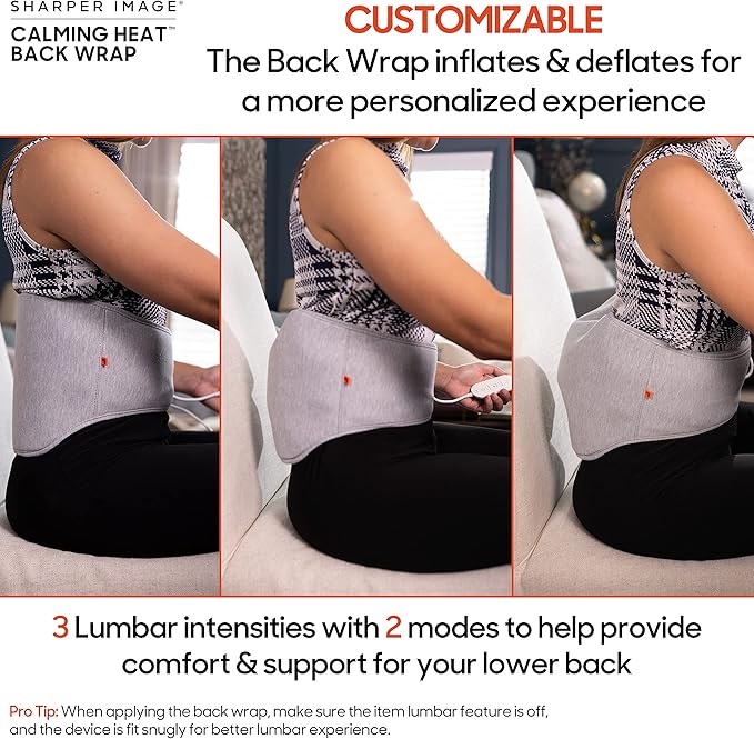 Calming Heat Back Wrap by Sharper Image- Cordless Electric Back Heating Pad, Inflatable Lumbar, Soothing Heat & Vibrations- 9 Settings 3 Heat, 3 Vibration, 3 Lumbar Includes Portable Power Pack