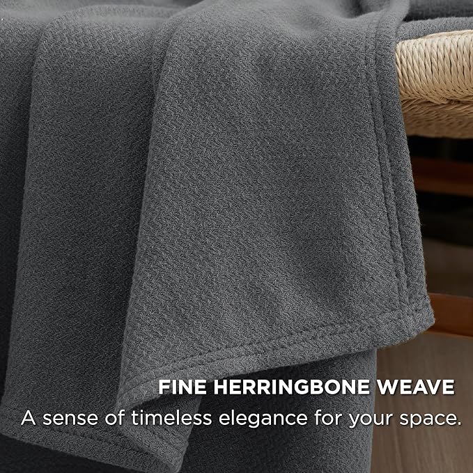 Bedsure 100% Cotton Large Blanket Oversized King for Bed 120x94 inches - Breathable Soft Cozy Herringbone Woven Blanket for Summer Spring, Couch Cover, Dark Grey