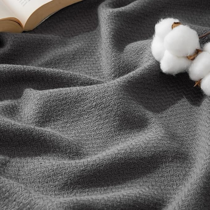 Bedsure 100% Cotton Blanket King Size for Bed - Breathable and Lightweight, Soft Cozy Textured Herringbone Woven Blanket for Summer Spring, Dark Grey, 108x90 inches