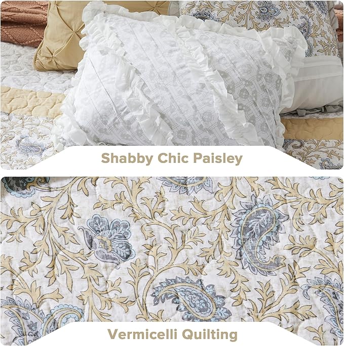 Madison Park 100% Cotton Quilt Set Floral Print, Double Sided Stitching, All Season, Lightweight Coverlet Shabby Chic Bedding Layer, Matching Shams, King/Cal King, Yellow 6 Piece