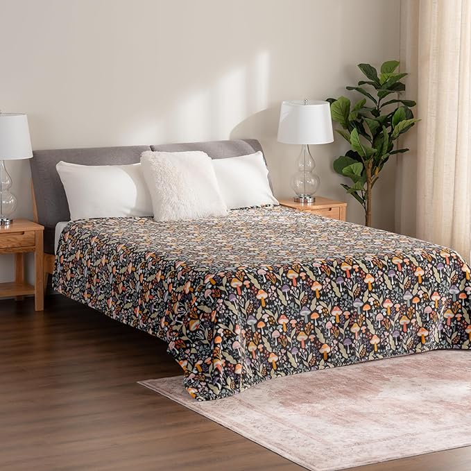 Berkshire Blanket-Classic Heavyweight Soft Printed VelvetLoft® Plush Blanket, Full/Queen Size Soft Fuzzy Warm Blanket for Couch Sofa Bed, Mushroom Cutie Charcoal, 90in x 90in