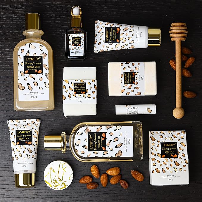 Mothers Day Home Spa Kit in Honey Almond Scent, Bath Gift Basket with Vit E-Rich Bath Essentials, Tumbler, Ear Candles, Bath Oil, Salts, Shower Steamer, Organic Lip Balm & More in Leopard Basket, 21Pc