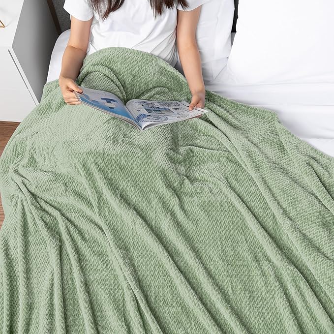PAVILIA Soft Fleece Light Green Throw Blanket for Couch, Lightweight Plush Warm Blankets for Bed, Fuzzy Cozy Flannel Blanket Throw for Sofa, Travel, Jacquard Pattern, Sage Green, 50x60 inch