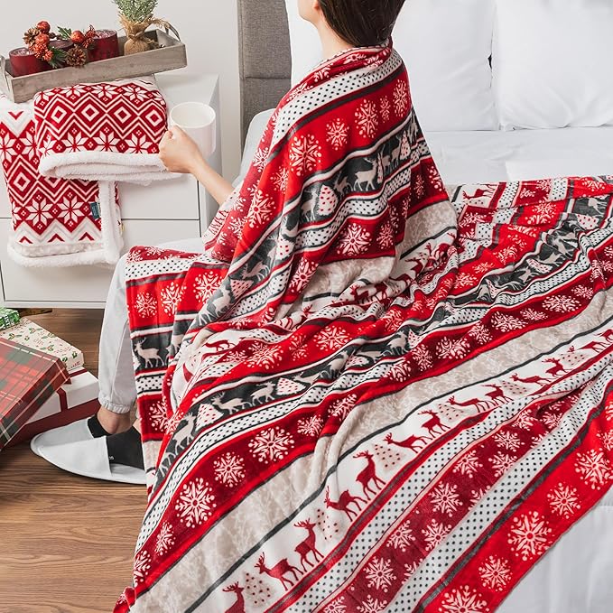 Pavilia Christmas Reindeer Snowflakes Fleece Throw Blanket | Soft, Plush, Warm Winter Cabin Throw, Twin 60x80 (Christmas Red)