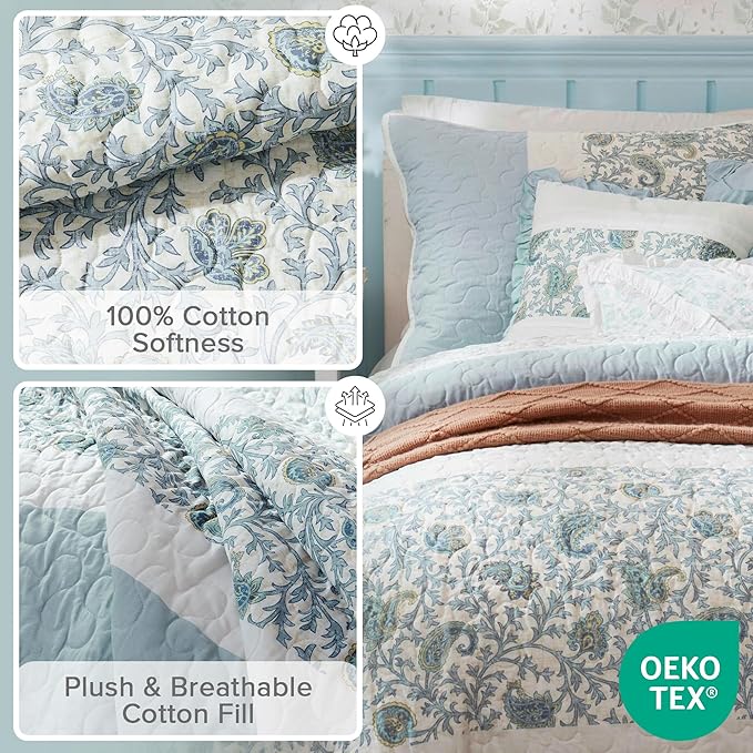Madison Park 100% Cotton Quilt Set Floral Print, Double Sided Stitching, All Season, Lightweight Coverlet Shabby Chic Bedding Layer, Matching Shams, Full/Queen, Light Teal 6 Piece,Aqua