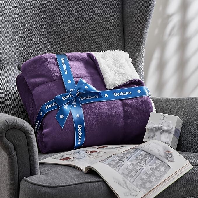 Bedsure Sherpa Fleece Blankets Queen Size for Bed - Thick and Warm, Soft Fuzzy Plush Queen Blanket for Winter, Purple, 90x90 Inches