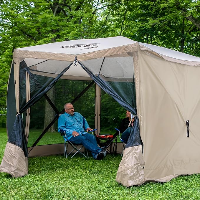CLAM Quick-Set Escape 12 x 12 Foot Portable Pop Up Camping Outdoor Gazebo 6 Sided Canopy Shelter + 2 Pack of Wind and Sun Panels